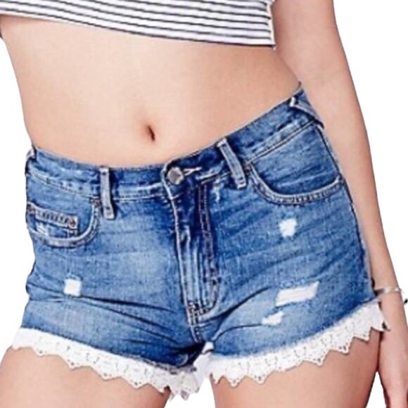 Free People Lace Trim Distressed Denim Shorts - Blue - 25 - Picture 8 of 10